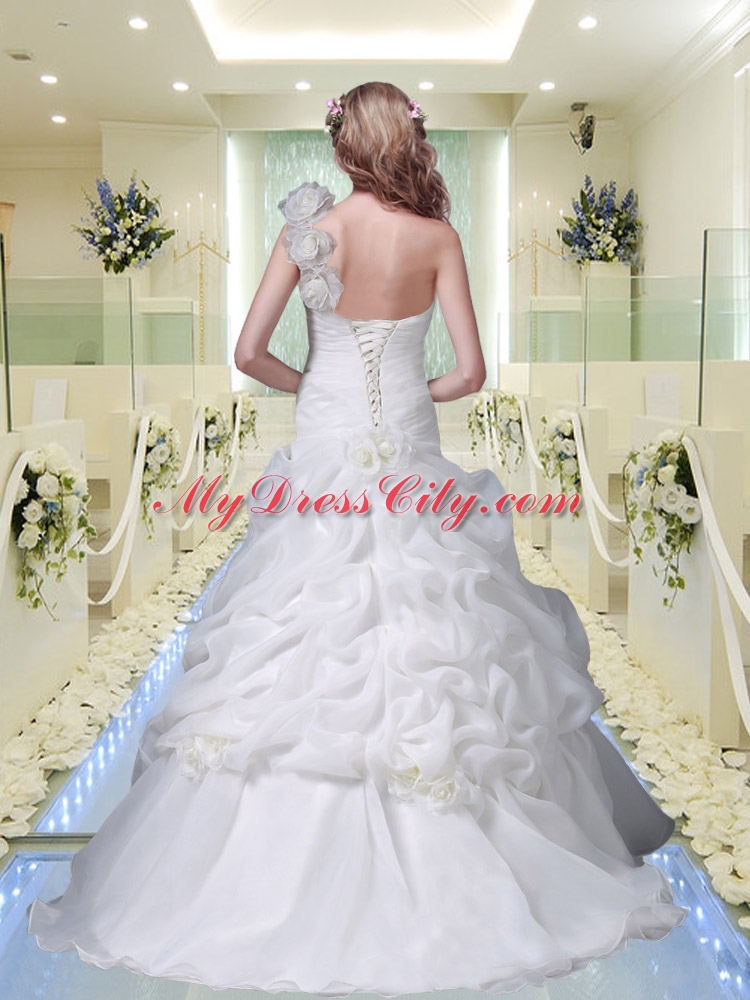 Elegant One Shoulder Brush Train Hand Made Flowers Wedding Dresses