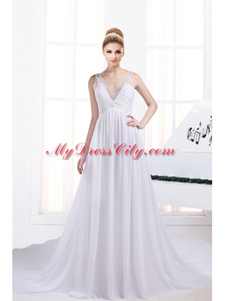 Fashionable A Line V Neck Ruching Wedding Dresses with Chapel Train