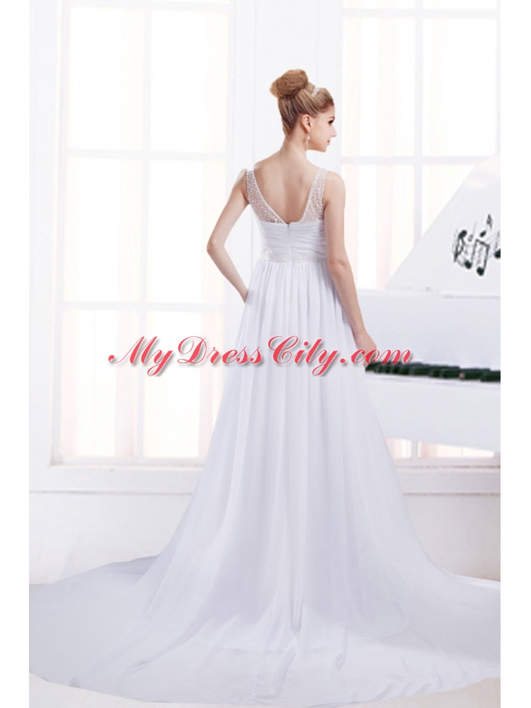 Fashionable A Line V Neck Ruching Wedding Dresses with Chapel Train