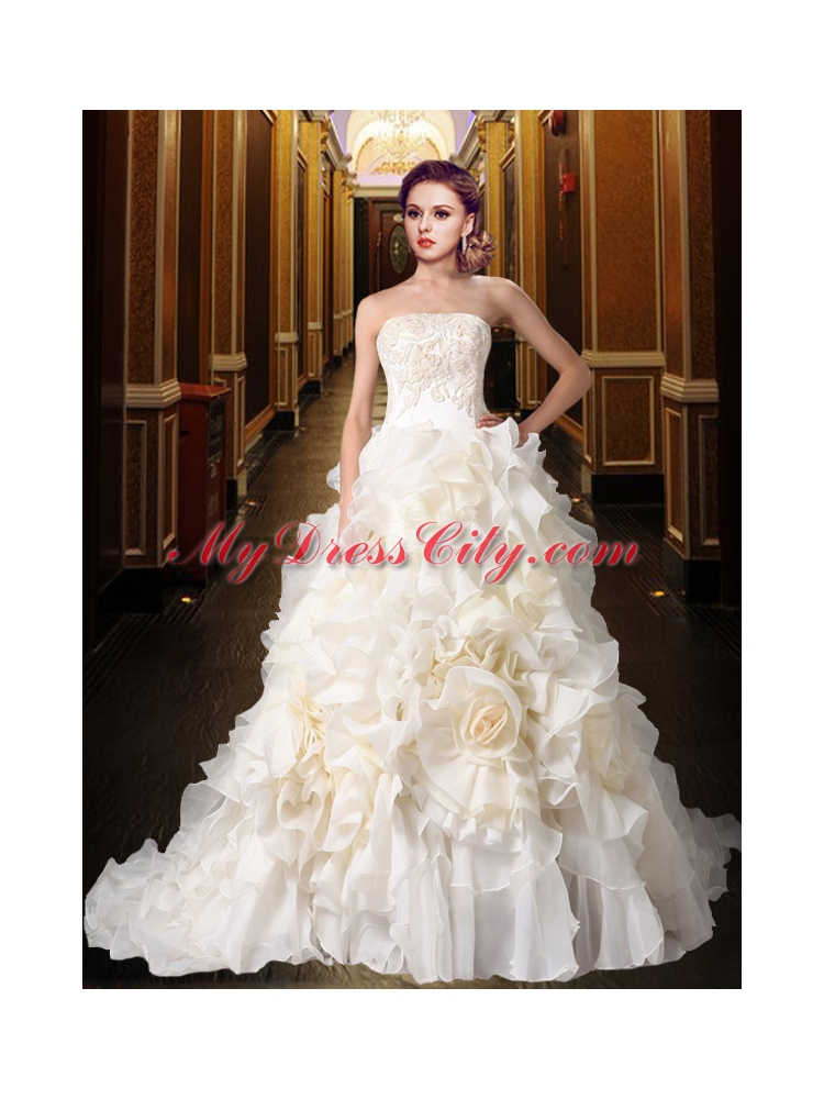 Gorgeous Princess Strapless Ruffles Wedding Dresses with Chapel Train