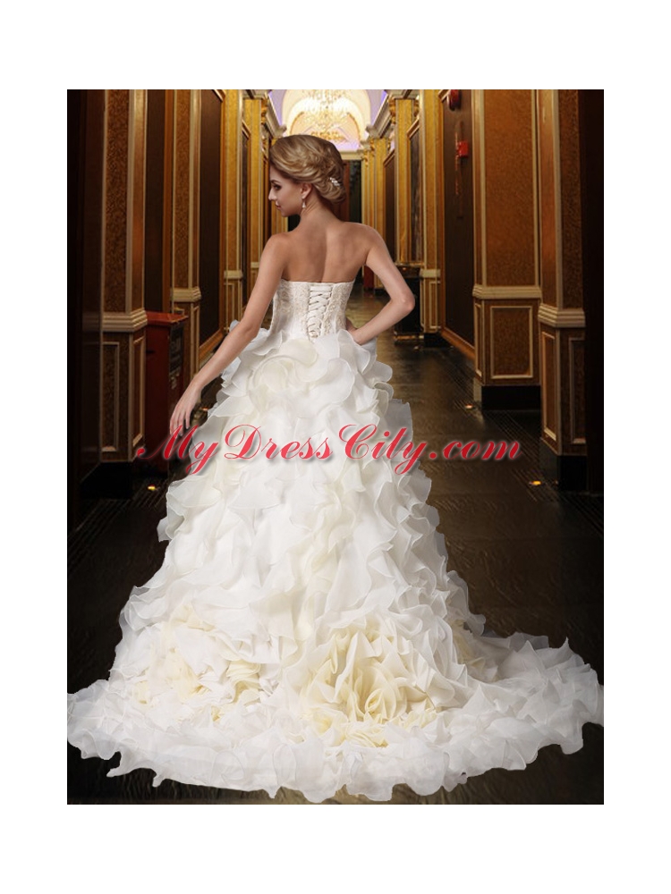 Gorgeous Princess Strapless Ruffles Wedding Dresses with Chapel Train