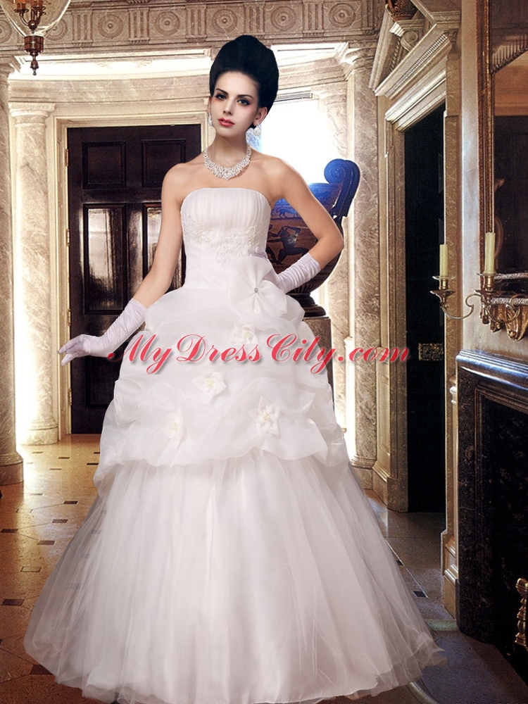 Hand Made Flowers Strapless Popular A Line Wedding Dresses