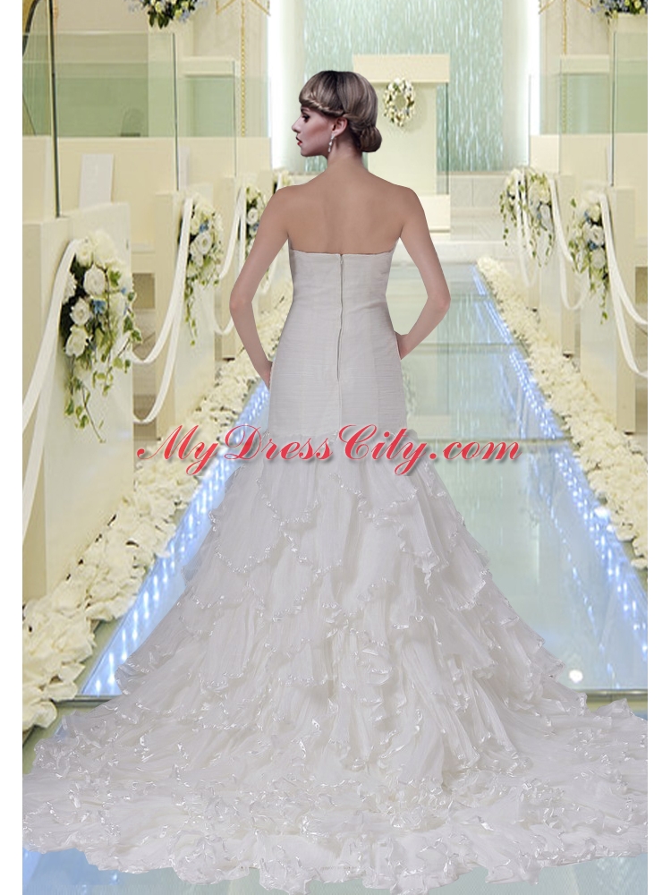 Mermaid Ruching and Ruffles White Wedding Dresses with Court Train