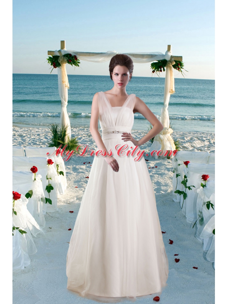 Modest Princess Brush Train Beading Wedding Dresses with V Neck