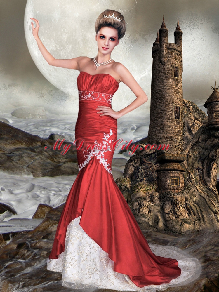 Popular Red Mermaid Sweetheart Lace Appliques Wedding Dress