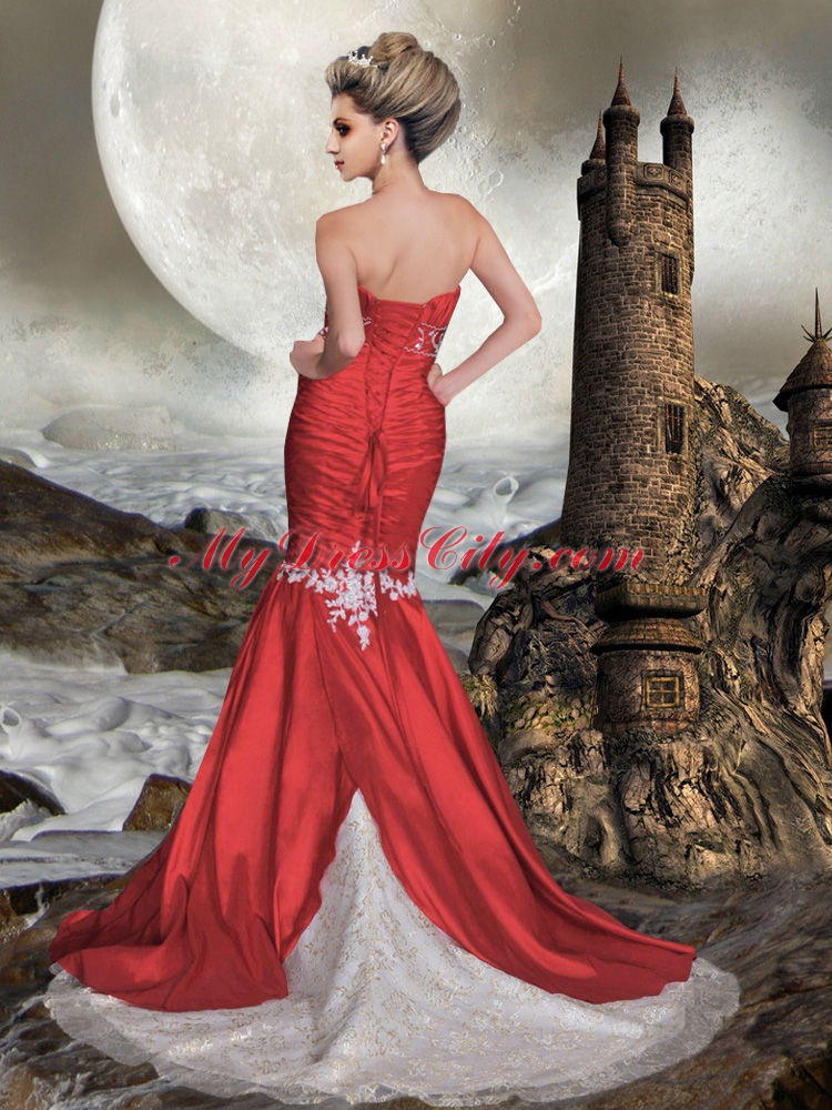 Popular Red Mermaid Sweetheart Lace Appliques Wedding Dress