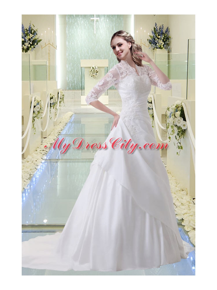 Princess Appliques V Neck Court Train Wedding Dress with Long Sleeves