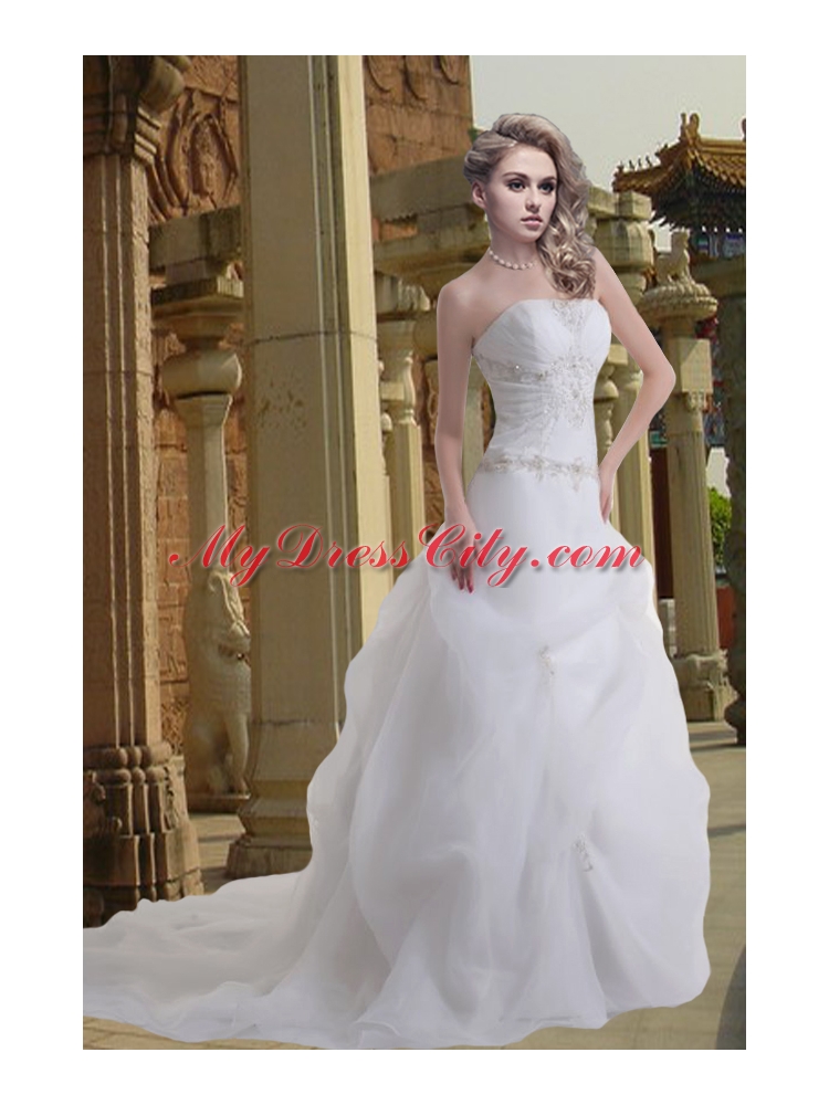 Princess Strapless Court Train Wedding Dresses with Appliques