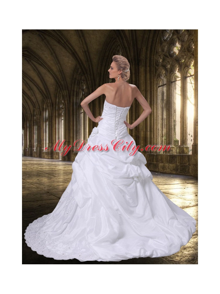 Princess Strapless Wedding Dresses with Appliques and Hand Made Flowers