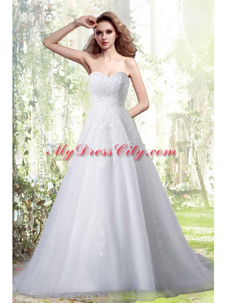 Princess Sweetheart Brush Train Wedding Dress with Appliques