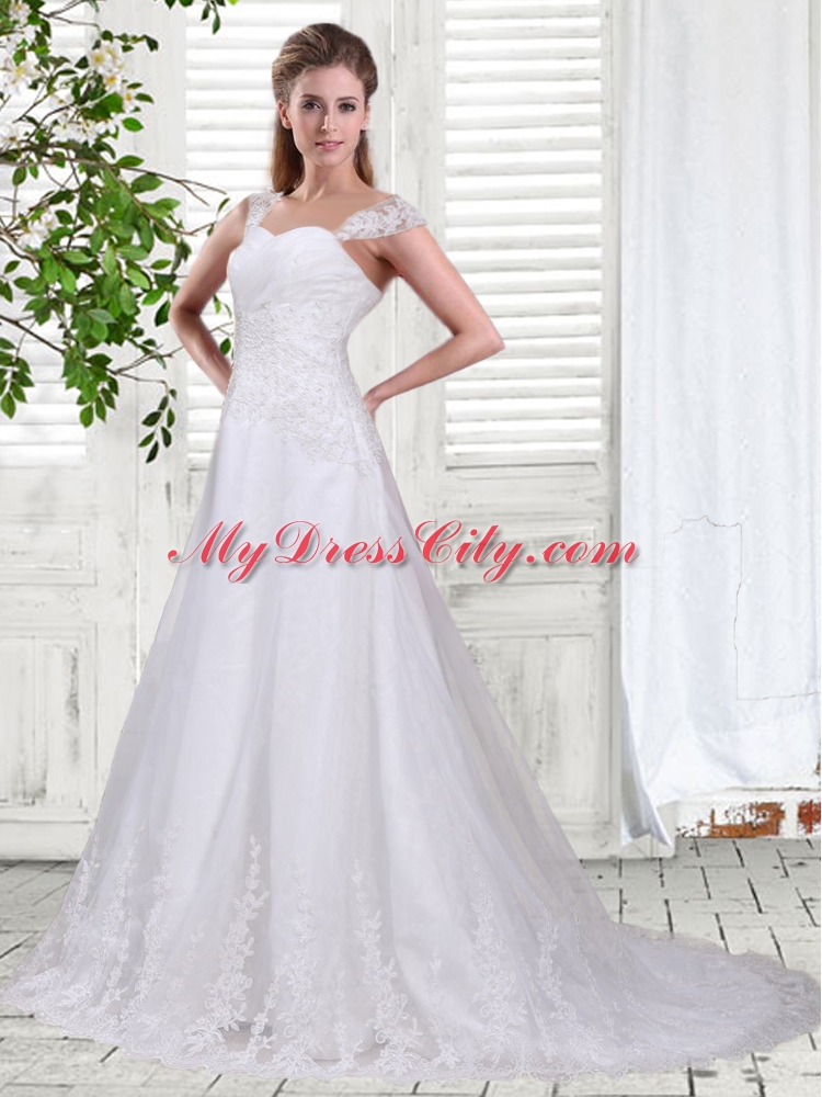 Sweet A Line Straps Court Train Wedding Dress with Lace