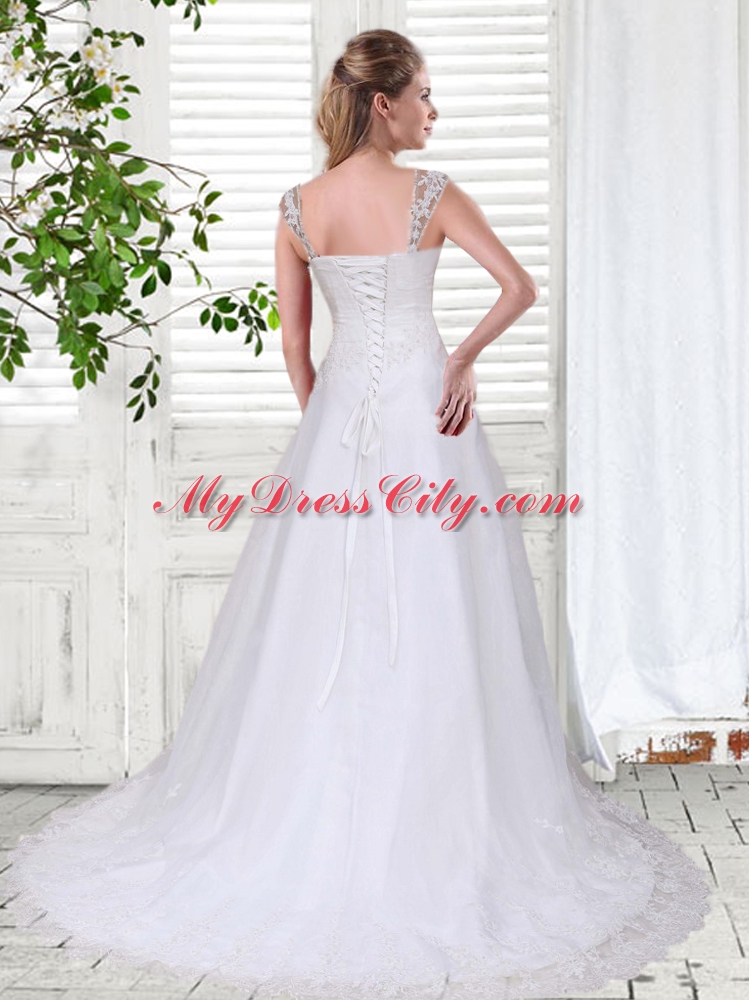 Sweet A Line Straps Court Train Wedding Dress with Lace