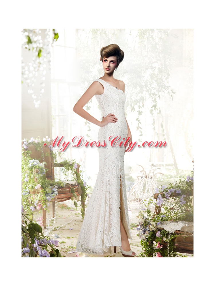 White Column One Shoulder Lace Beading Wedding Dress with Floor Length