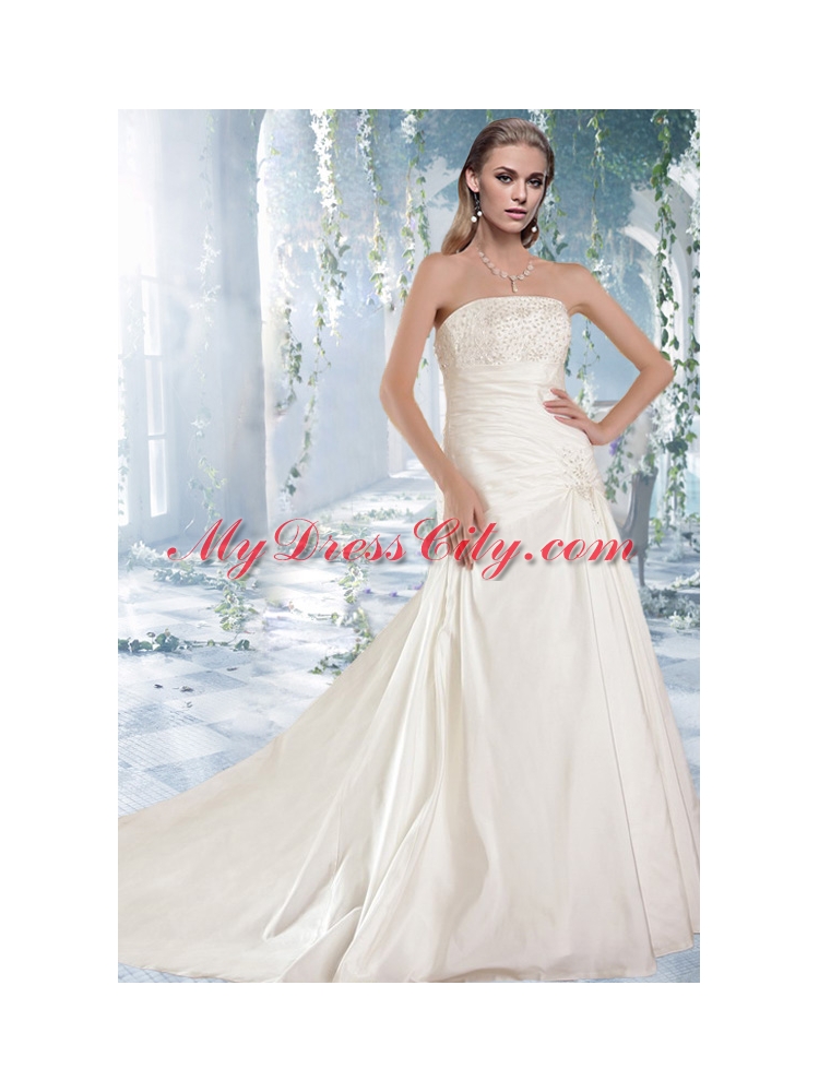 White Princess Strapless Court Train Wedding Dresses with Beading