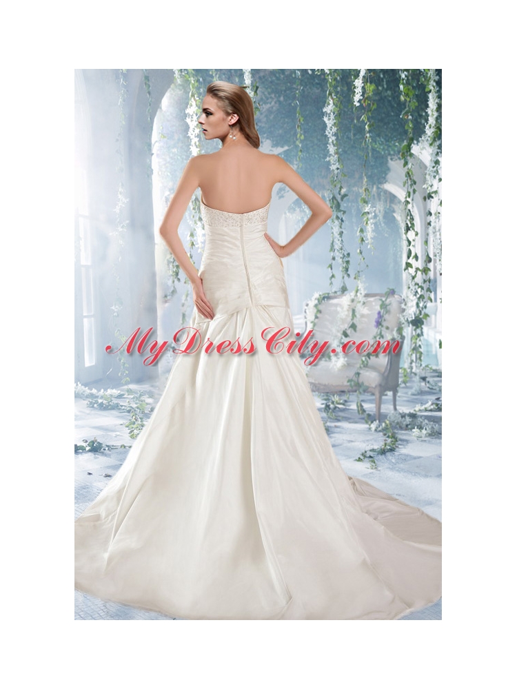 White Princess Strapless Court Train Wedding Dresses with Beading