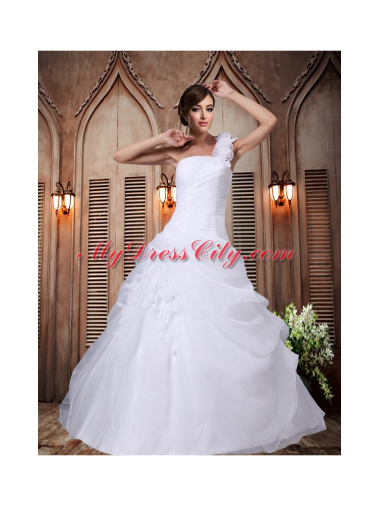 A Line One Shoulder Hand Made Flowers Wedding Dresses for Garden