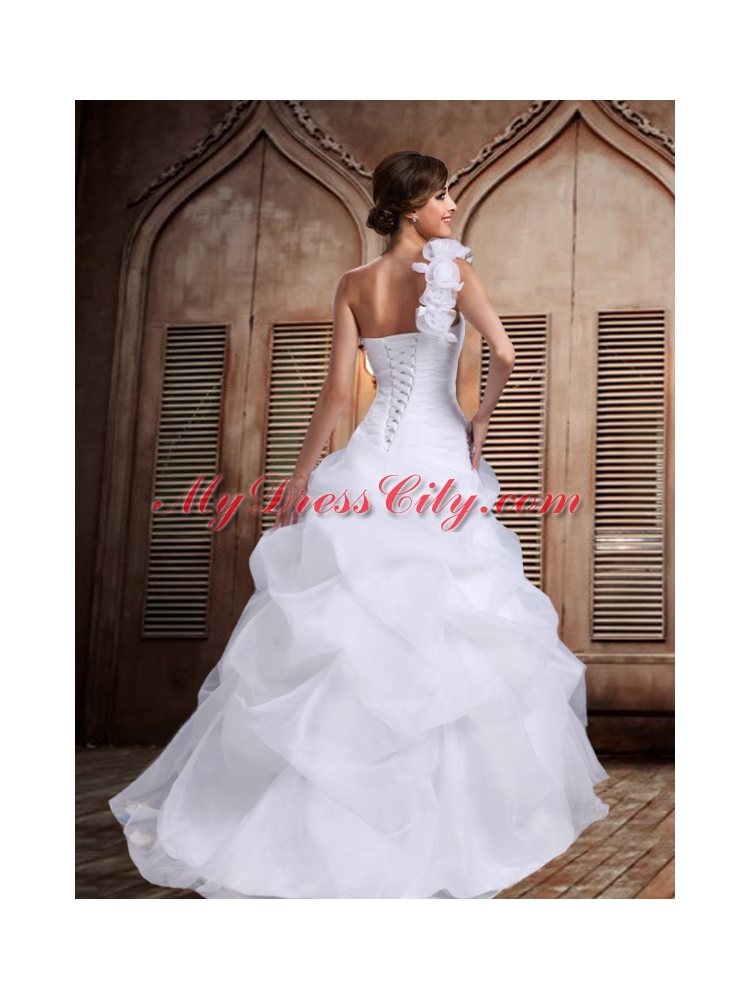 A Line One Shoulder Hand Made Flowers Wedding Dresses for Garden