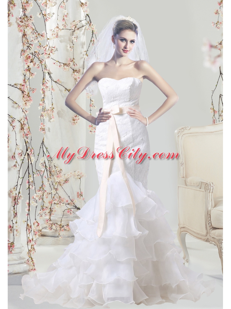 Mermaid Sweetheart Lace Wedding Dress with Sash and Ruffles Layered