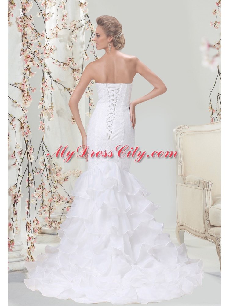 Mermaid Sweetheart Lace Wedding Dress with Sash and Ruffles Layered