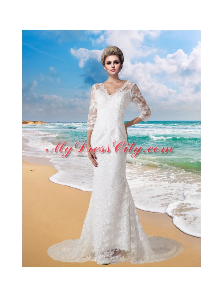 Mermaid V Neck Half Sleeves Wedding Dress with Brush Train