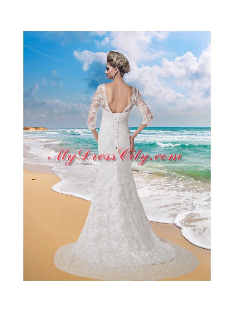 Mermaid V Neck Half Sleeves Wedding Dress with Brush Train