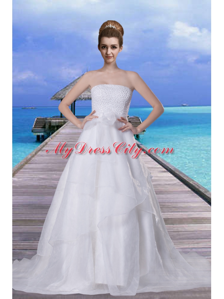 Princess Beading Strapless Brush Train Wedding Dress with Zipper Up