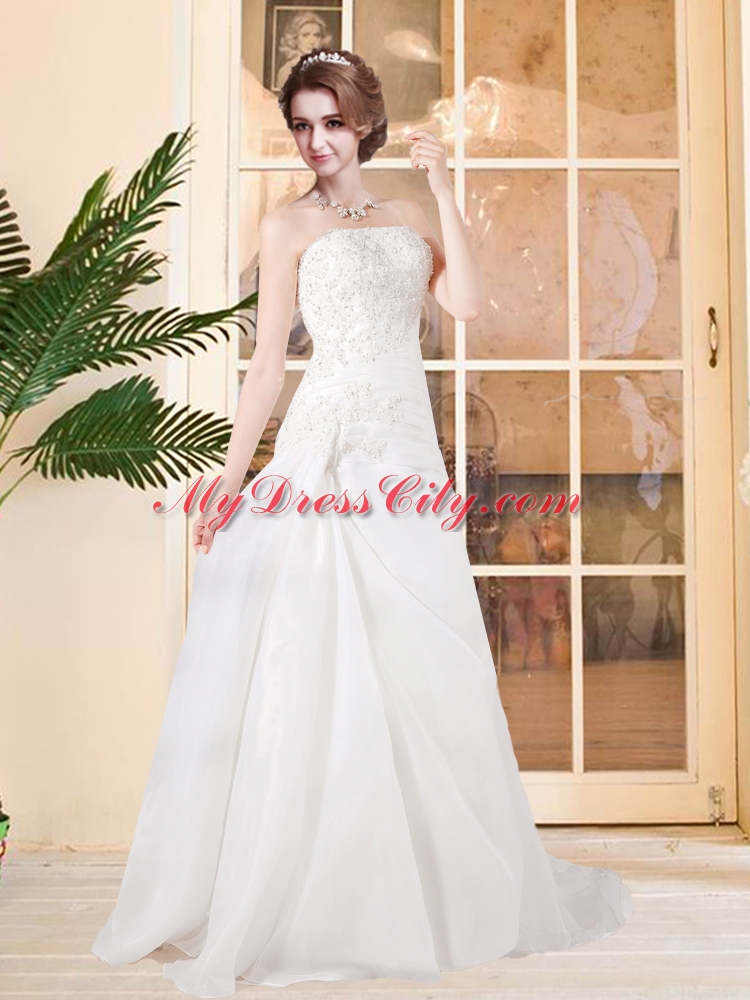 2014 Elegant Princess Strapless Court Train Wedding Dresses with Lace