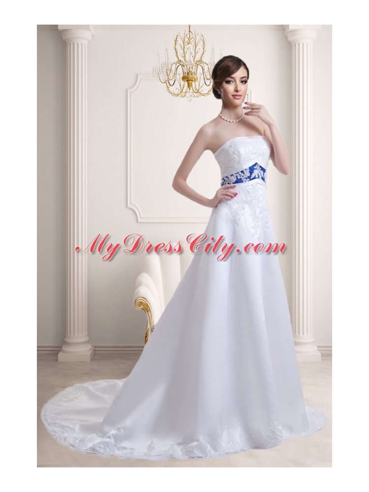 Appliques Strapless Belt A Line Court Train Wedding Dresses