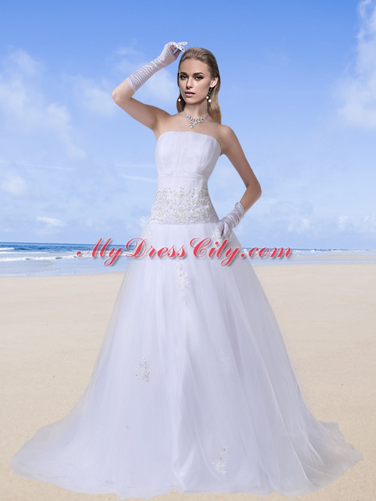 Beading A Line Strapless Garden Outdoor Wedding Dresses with Zipper Up