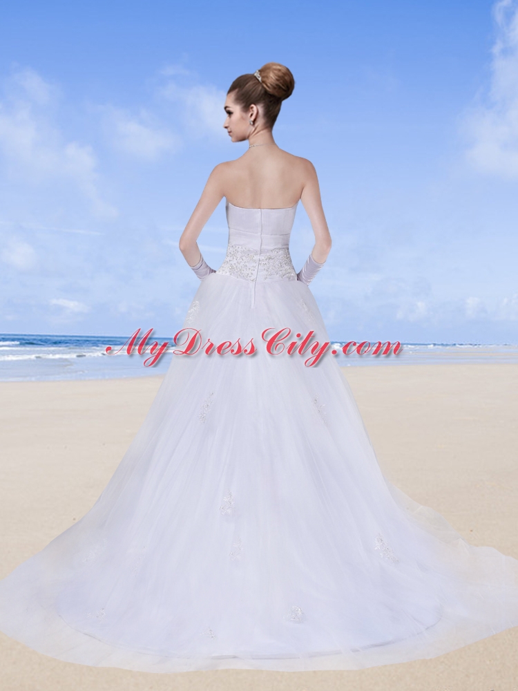 Beading A Line Strapless Garden Outdoor Wedding Dresses with Zipper Up