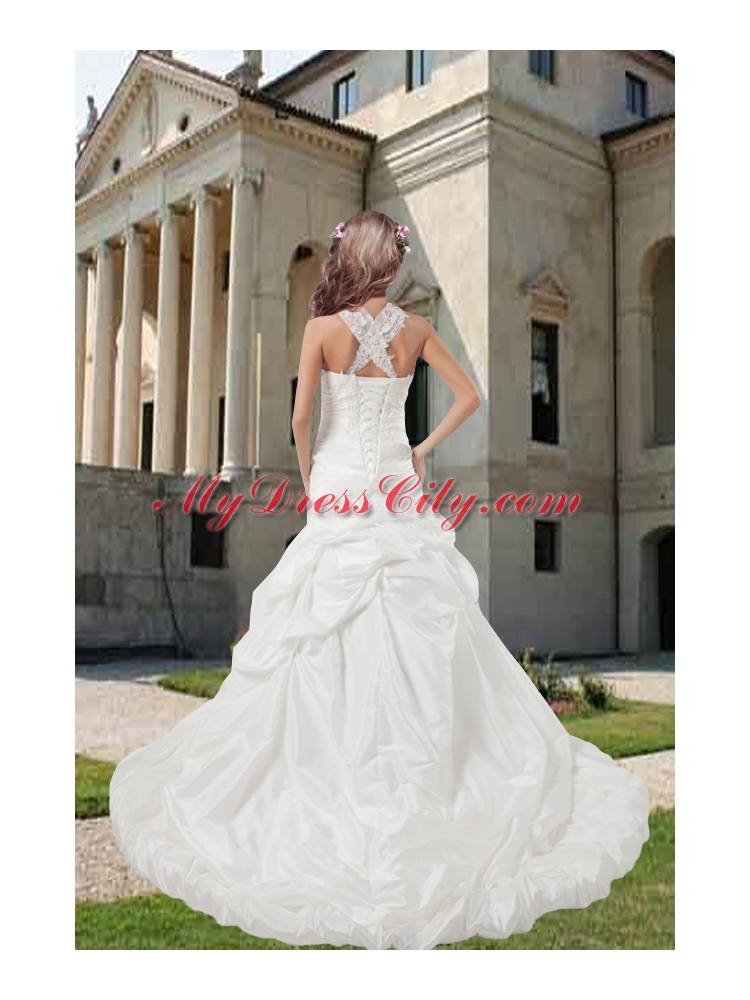 Beautiful Straps Court Train Appliques Wedding Dress with Criss Cross