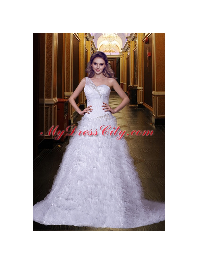 Fashionable A Line One Shoulder Court Train Appliques Wedding Gowns