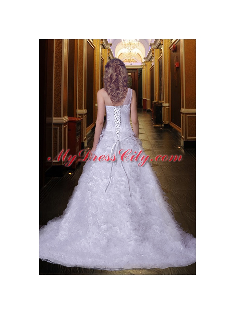 Fashionable A Line One Shoulder Court Train Appliques Wedding Gowns