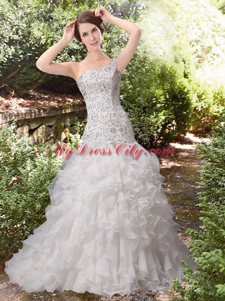 Gorgeous Ruffles A Line One Shoulder Court Train  Beading Wedding Dress