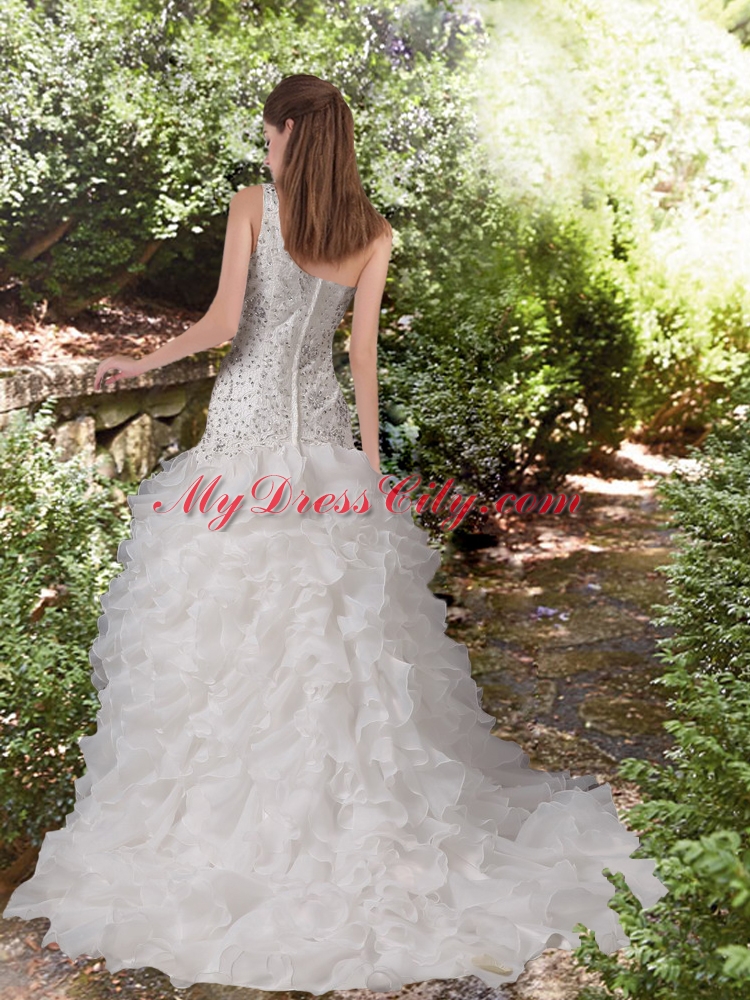 Gorgeous Ruffles A Line One Shoulder Court Train  Beading Wedding Dress