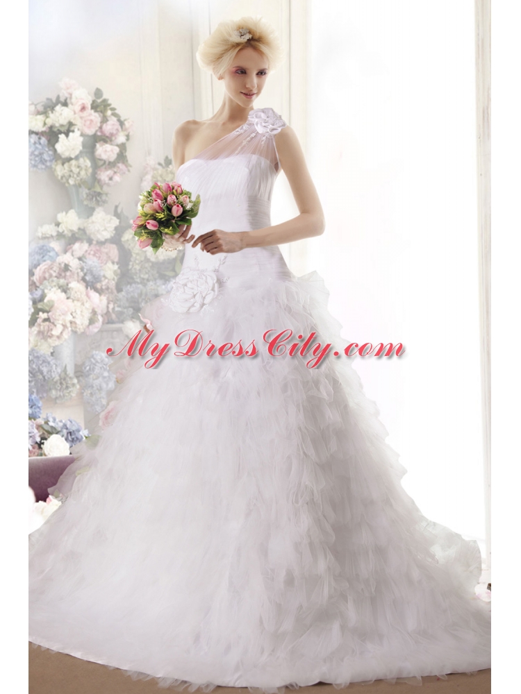 Hand Made Flowers Princess Chapel Train Wedding Dresses