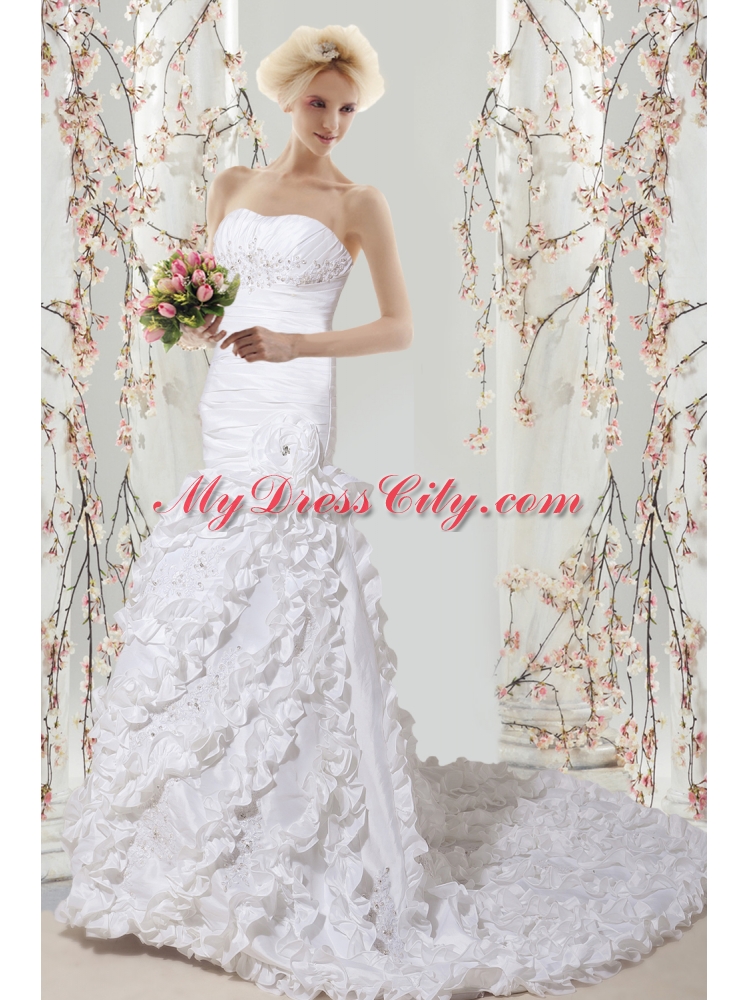 Mermaid Strapless Beading Luxurious Wedding Dress with Chapel Train