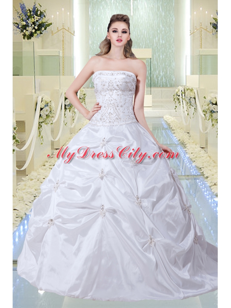 Modest A Line Strapless Court Train Wedding Dress with Embroidery