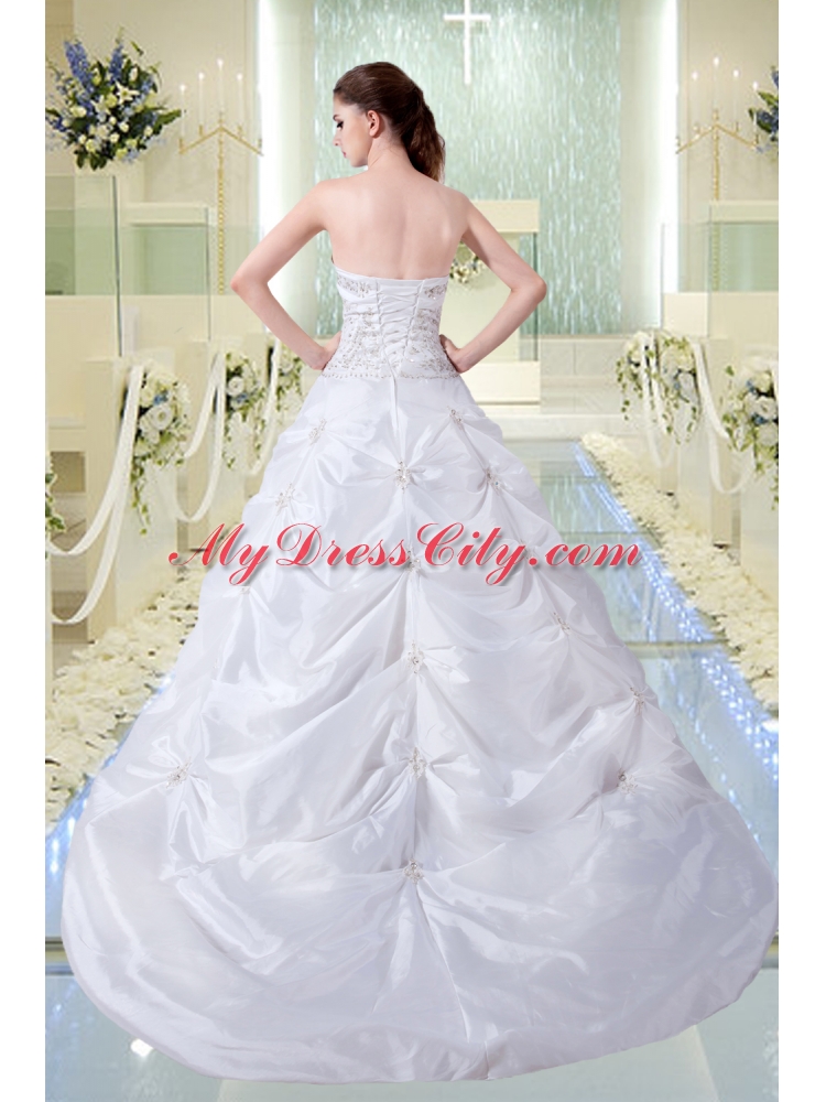 Modest A Line Strapless Court Train Wedding Dress with Embroidery