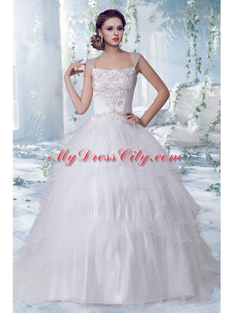 Puffy Court Train Square Embroidery 2014 sWedding Dress with Cap Sleeves