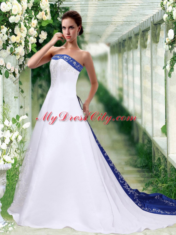 Sophisticated Strapless A Line Court Train Wedding Dress with Embroidery