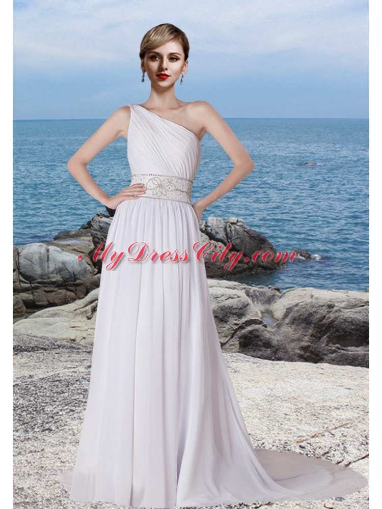 Sturning One Shoulder Column Court Train Wedding Dress with Beading