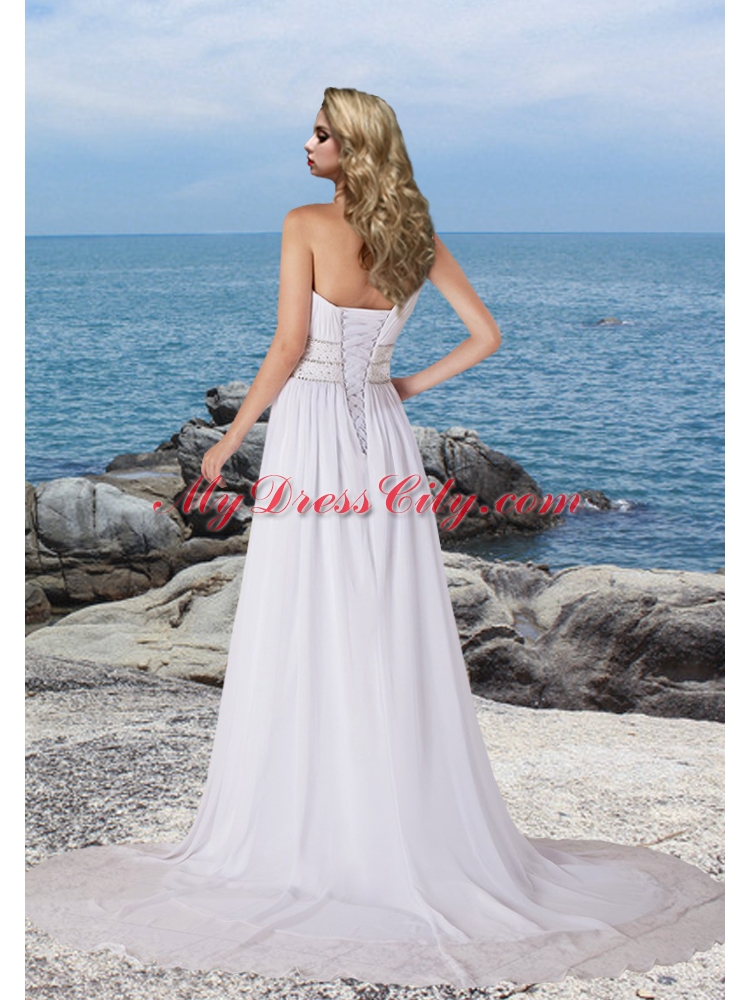 Sturning One Shoulder Column Court Train Wedding Dress with Beading