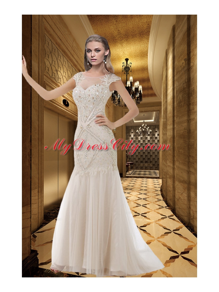 White Scoop Cap Sleeves Beading Wedding Dresses with Brush Train