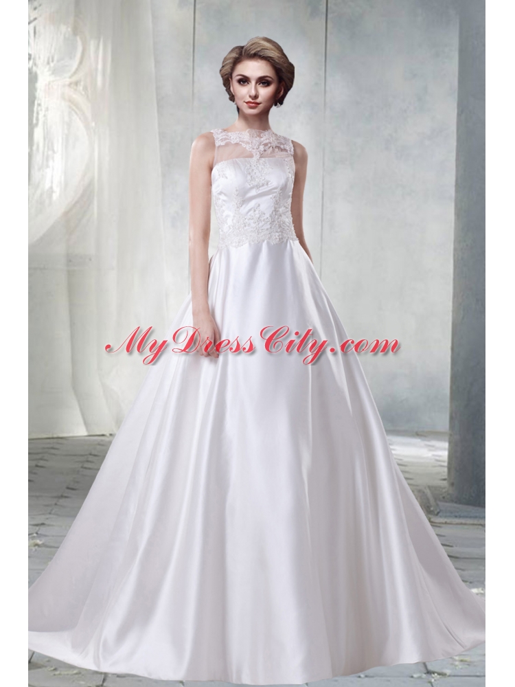 2014 New Princess Bateau Lace Wedding Dresses with Brush Train