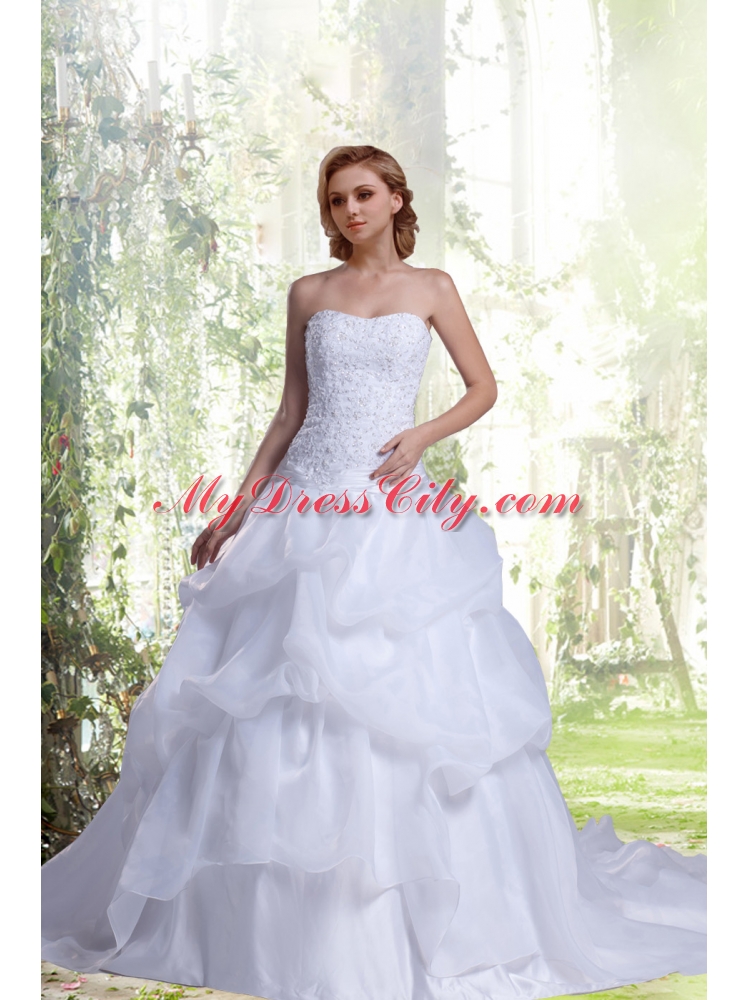 2014 Princess Strapless Court Train Lace Wedding Dress