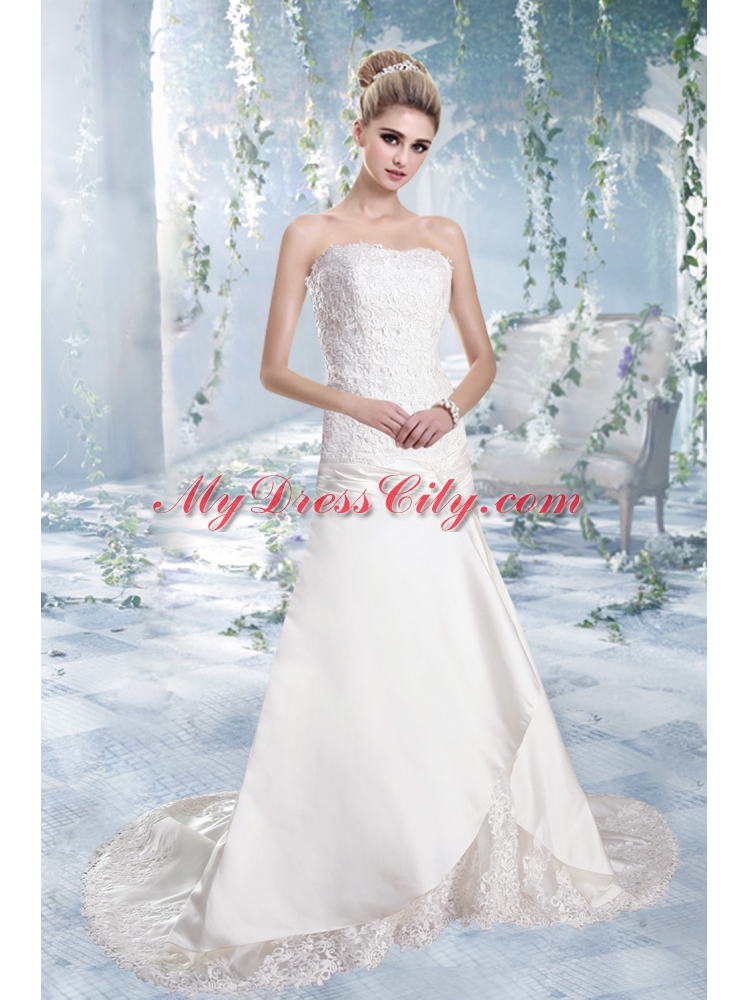 2015 Elegant A Line Strapless Brush Train Lace Wedding Dresses