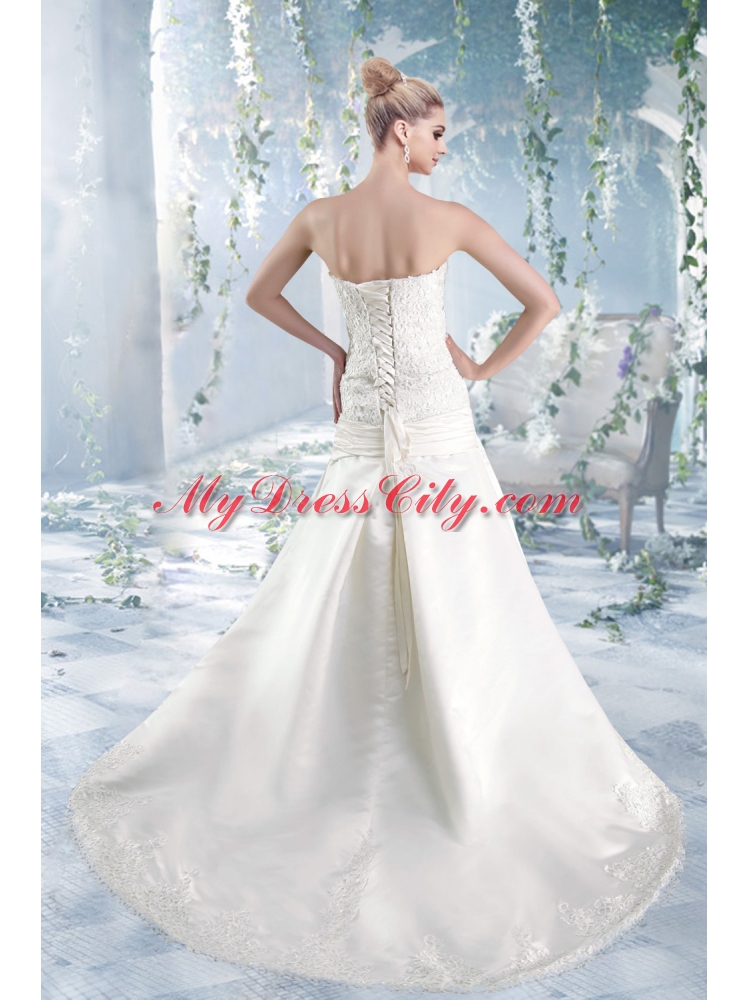 2015 Elegant A Line Strapless Brush Train Lace Wedding Dresses