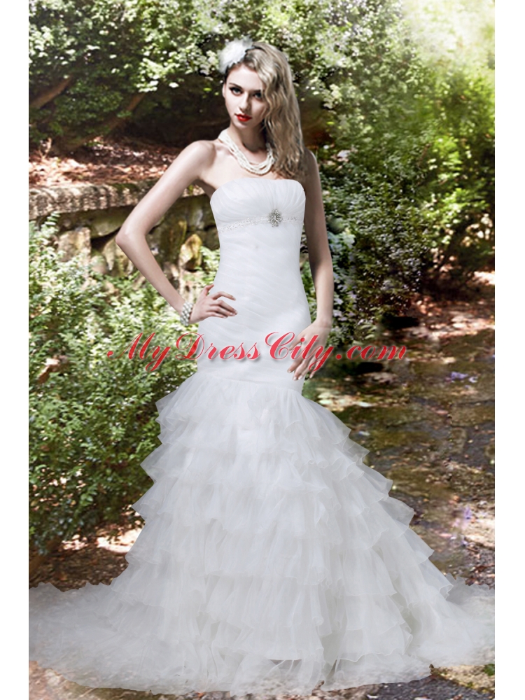 Beautiful Mermaid Strapless Beading Wedding Dresses with Court Train