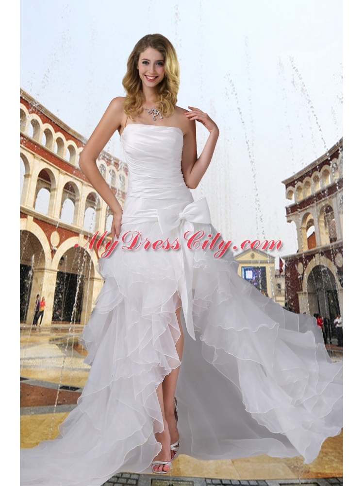 Cheap Strapless High Low Ruching Bowknot Wedding Dress